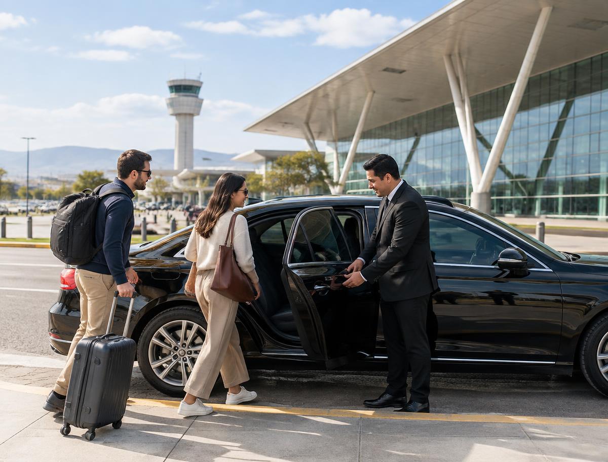 Travelers meeting their private driver outside the airport