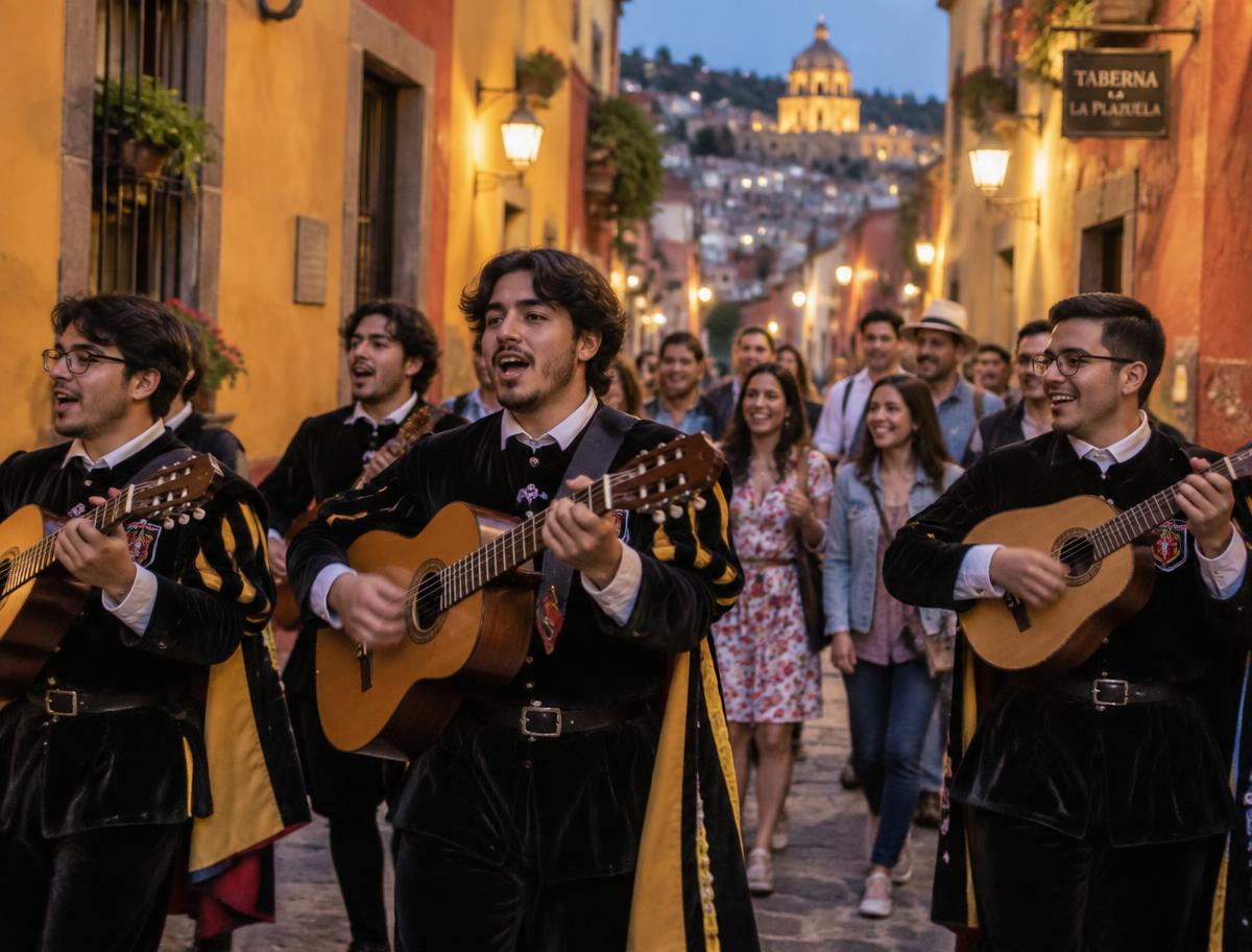 Student minstrels leading a callejoneada through a Guanajuato alley at dusk