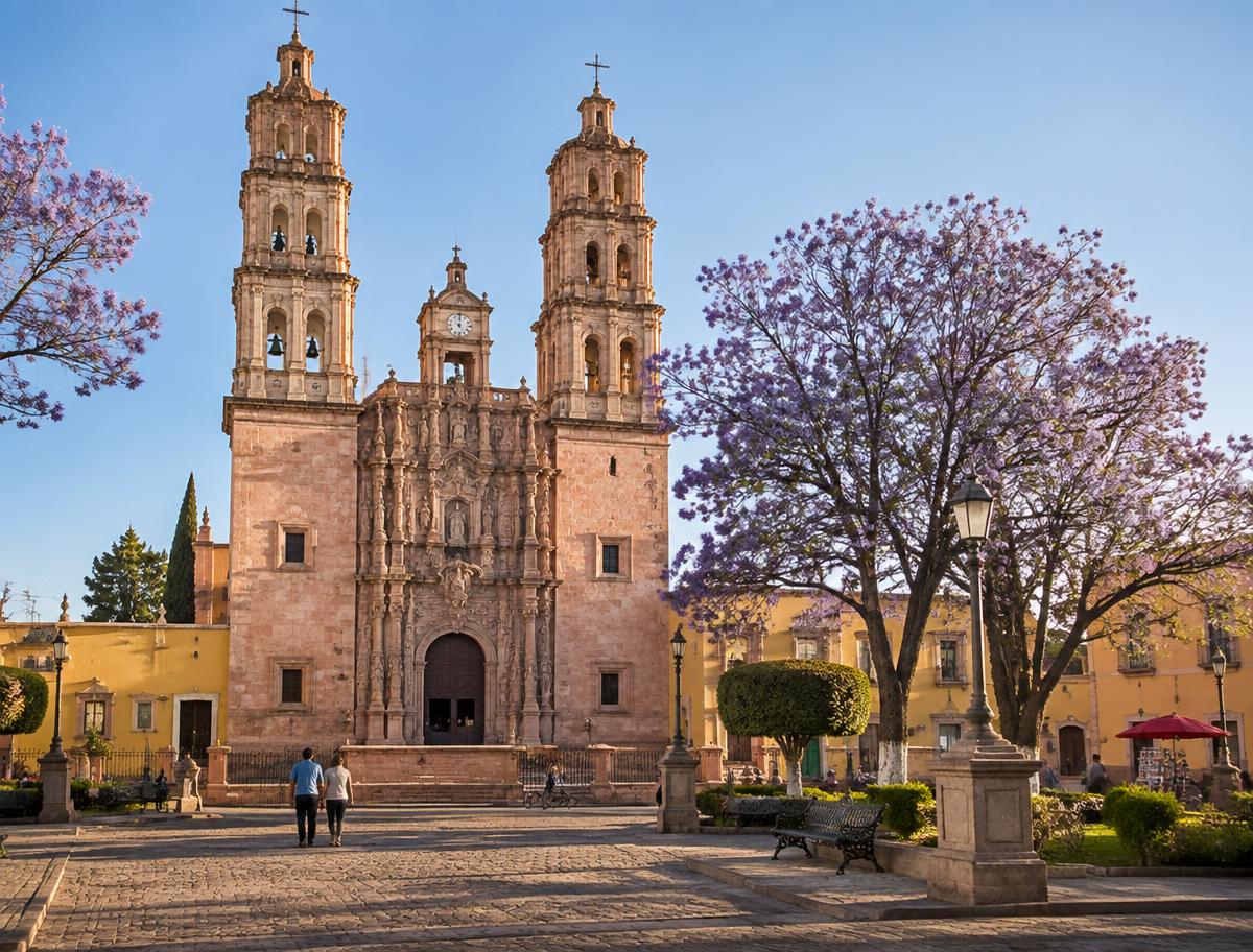 Parish church and main square of Dolores Hidalgo in morning light