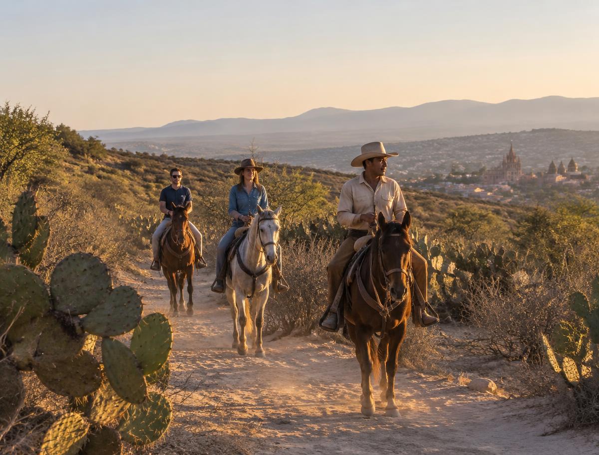 Riders on horseback on a desert trail at golden hour near San Miguel de Allende