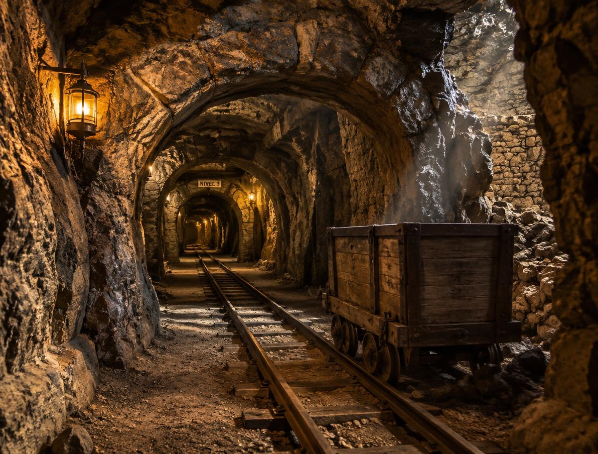 Lamp-lit silver mine tunnel with an old wooden mine cart in Guanajuato
