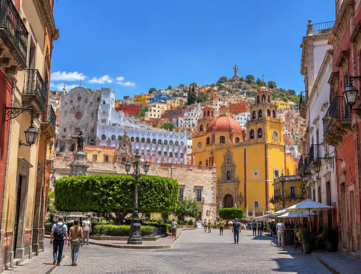 Guanajuato historic center with the yellow Basilica and colorful hillside houses